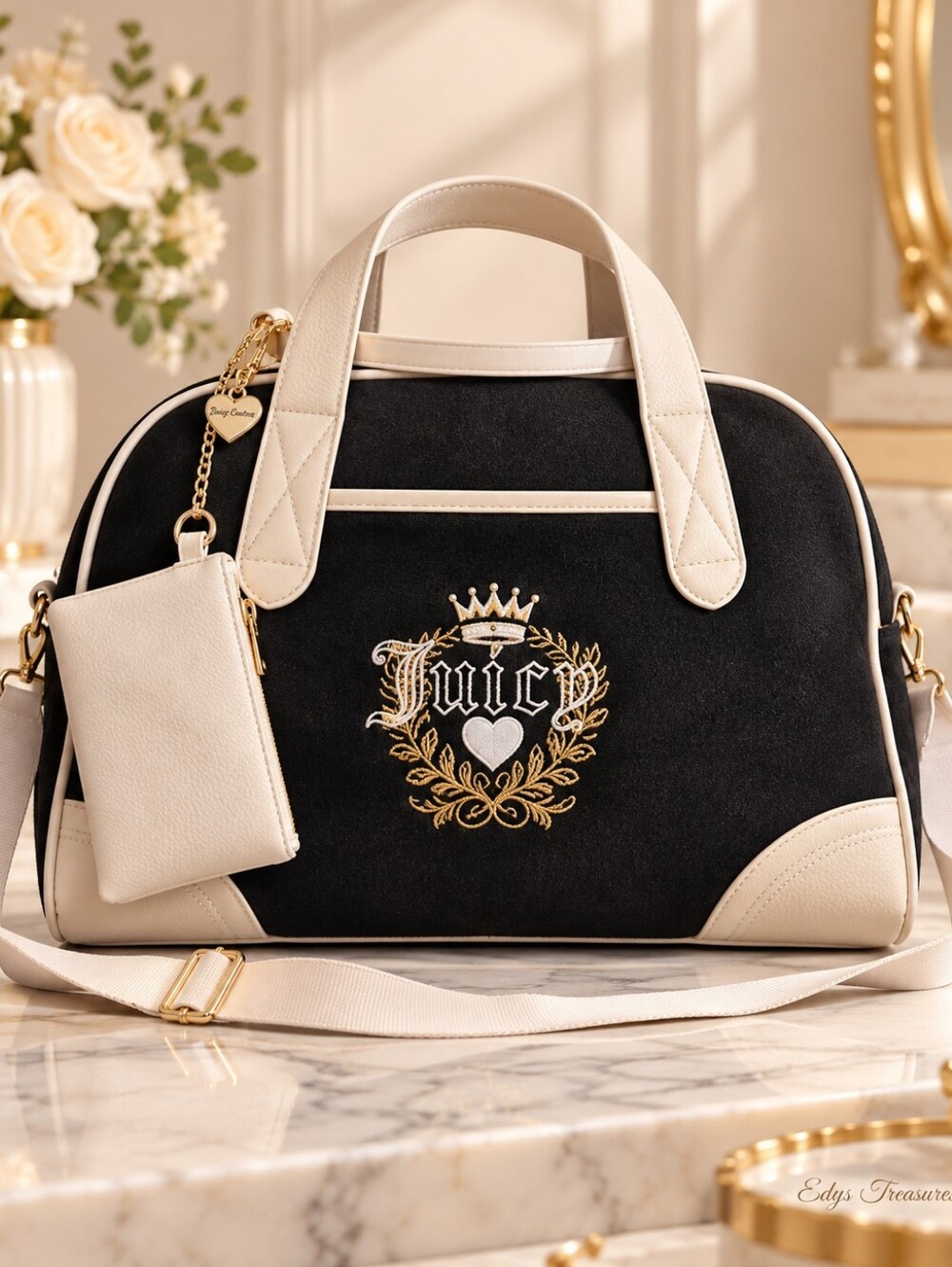 Juicy Couture Heritage Weekender Duffle Bag Black Cream NWT